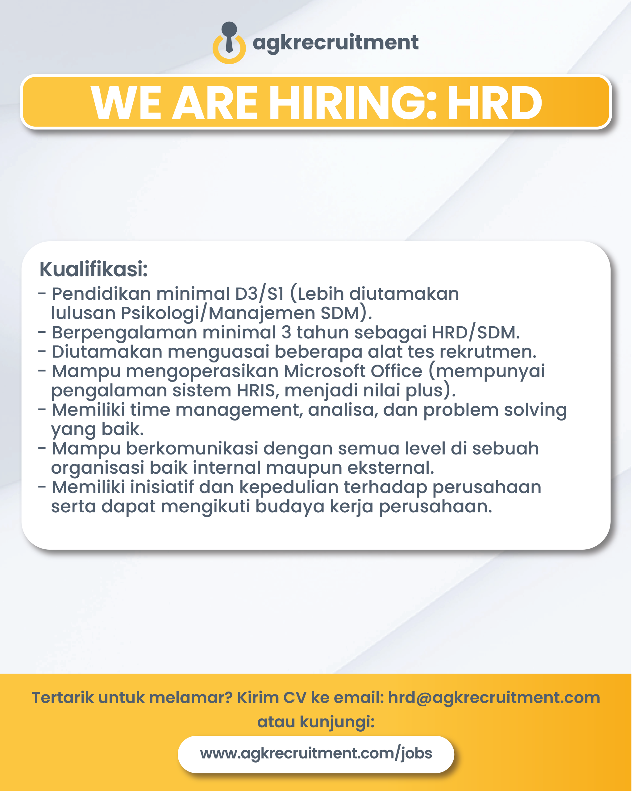Info Loker manager HRGA - AGK Recruitment