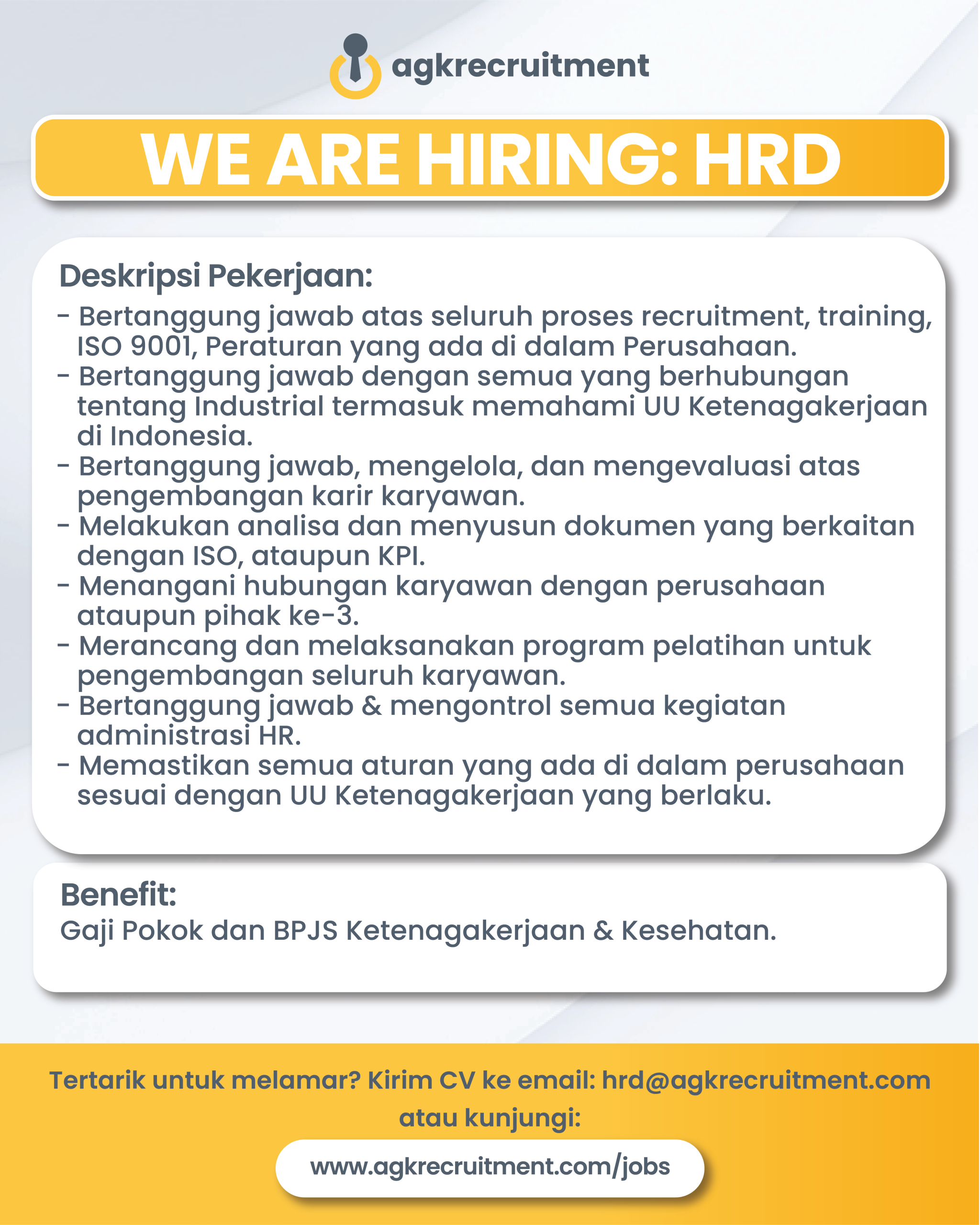 Info Loker manager HRGA - AGK Recruitment