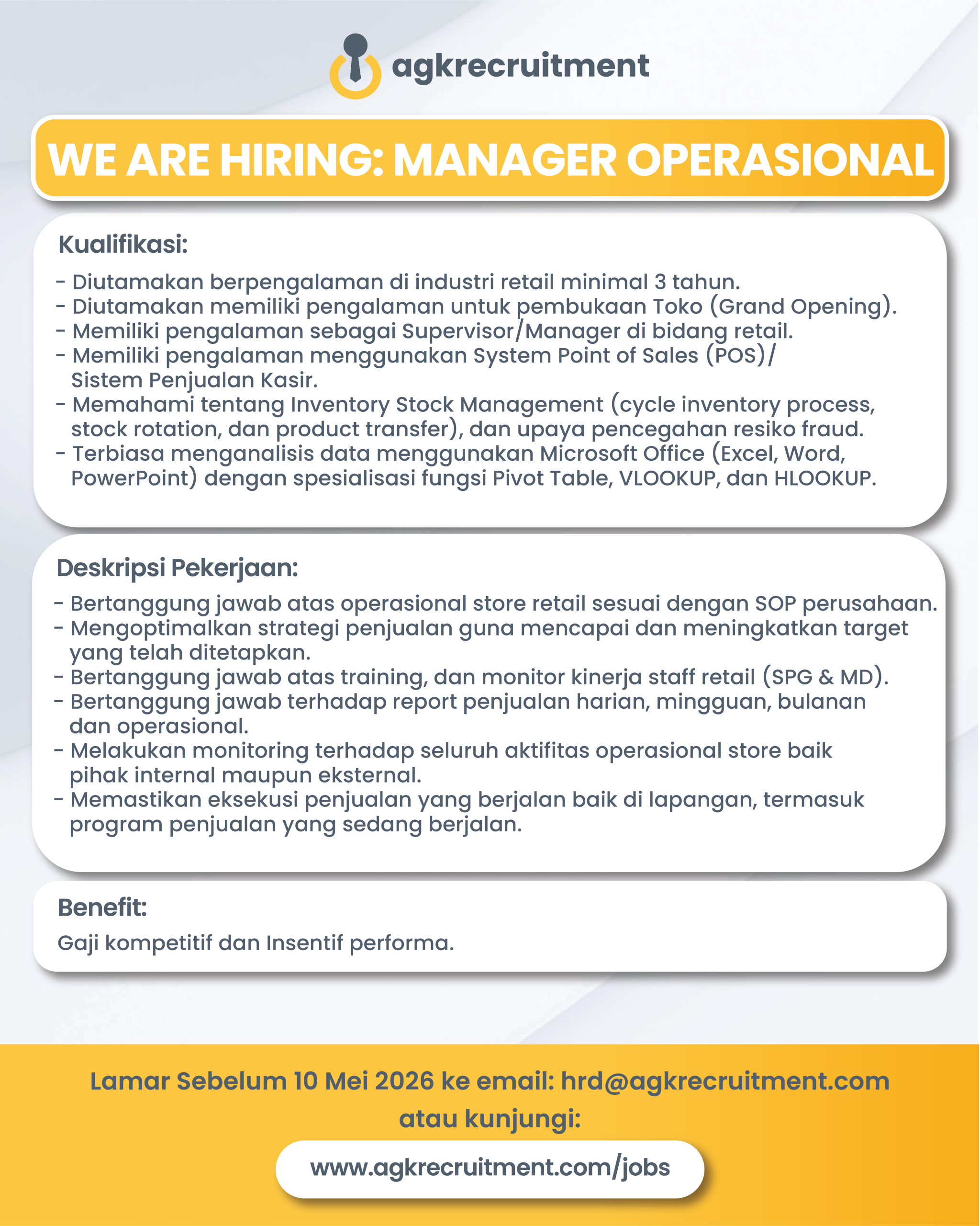 Info Loker manager Operasional - AGK Recruitment
