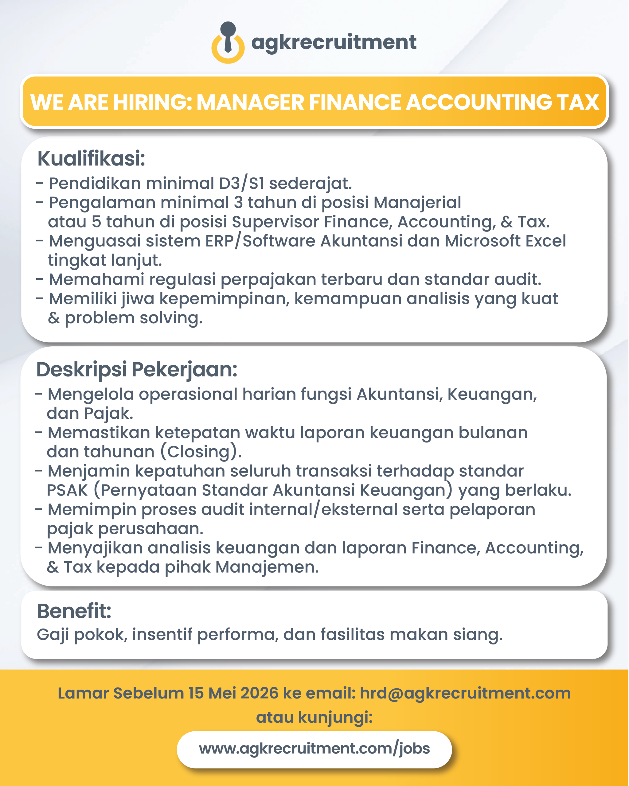 Info Loker manager FAT - AGK Recruitment