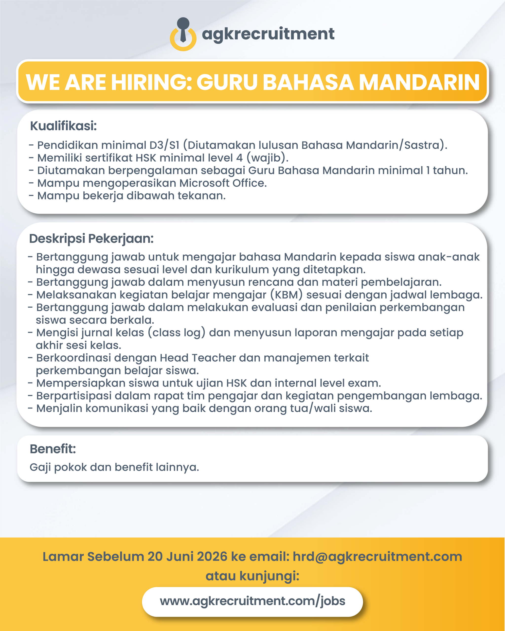Info Loker Guru Bahasa Mandarin - AGK Recruitment