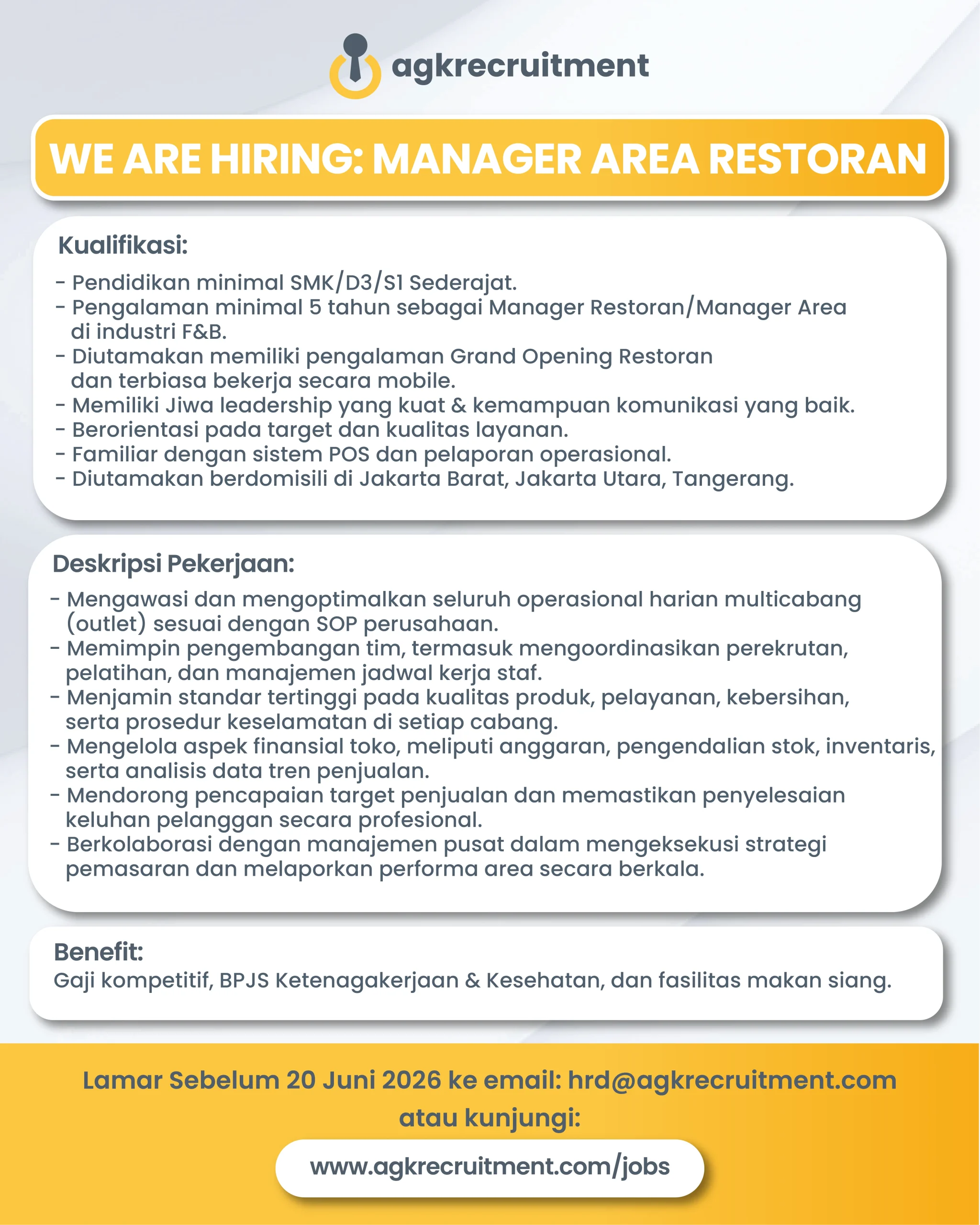 Info Loker Manager Area Resto - AGK Recruitment
