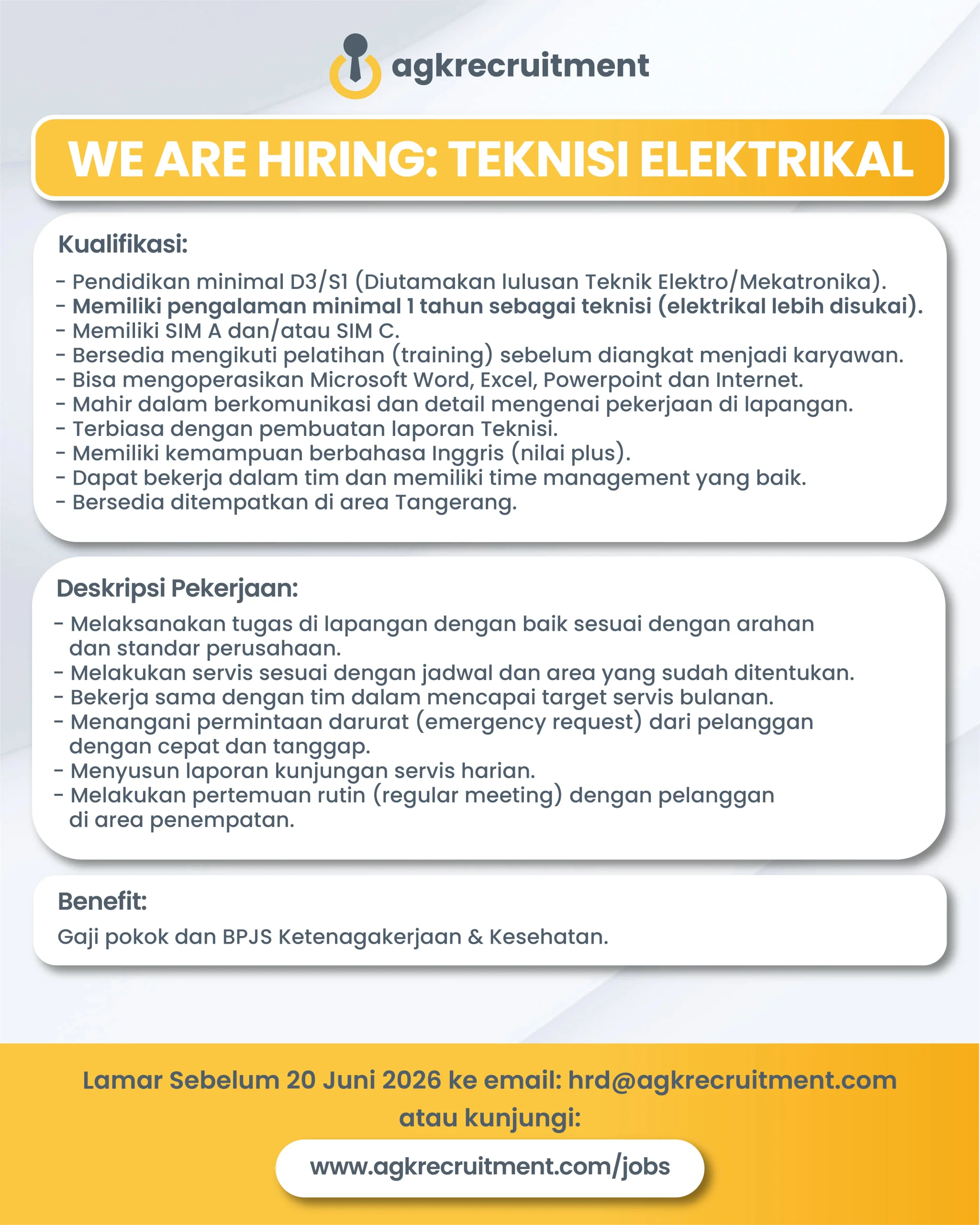 Info Loker Teknisi Elektrikal - AGK Recruitment